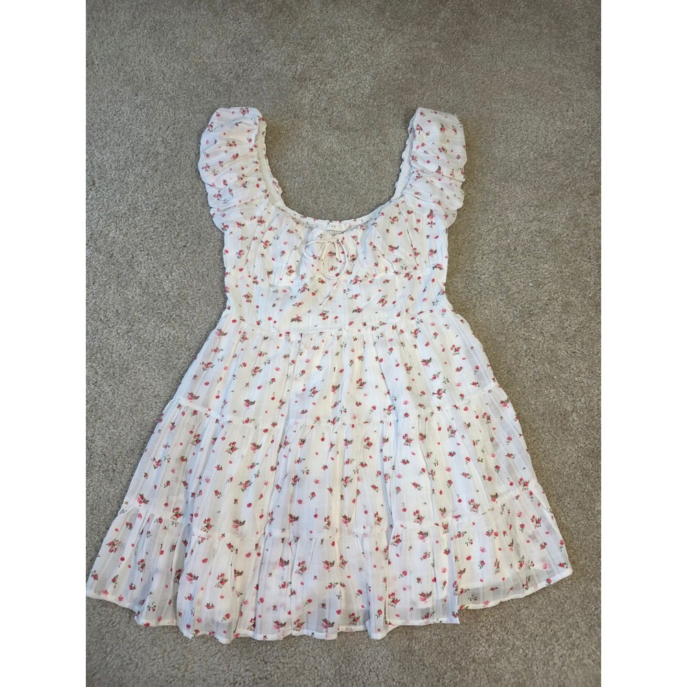Lush Floral Milkmaid Mini Dress White Pink Ruffle Tiered Smocked Back Large
